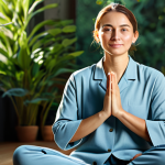 A professional, serene adult person with perfect anatomy and correct proportions, fully clothed in modest, comfortable attire, sitting in a natural, peaceful pose amidst a sunlit indoor space. The background features soft, blurred natural elements like subtle plants and warm light. The person's expression is calm and reflective, embodying inner peace and focus. Well-formed hands, proper finger count, natural body proportions, professional photography, high quality, safe for work, appropriate content, family-friendly.