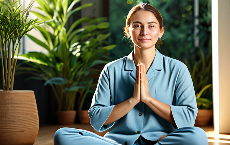 A professional, serene adult person with perfect anatomy and correct proportions, fully clothed in modest, comfortable attire, sitting in a natural, peaceful pose amidst a sunlit indoor space. The background features soft, blurred natural elements like subtle plants and warm light. The person's expression is calm and reflective, embodying inner peace and focus. Well-formed hands, proper finger count, natural body proportions, professional photography, high quality, safe for work, appropriate content, family-friendly.