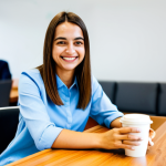**

"A professional woman in a modern, modest business outfit, sitting at a bright desk in a São Paulo co-working space. She's smiling slightly, holding a 'cafezinho' (small coffee). Background is blurred with other professionals working. Appropriate attire, fully clothed, safe for work, perfect anatomy, natural proportions, professional photography, high quality, family-friendly."

**