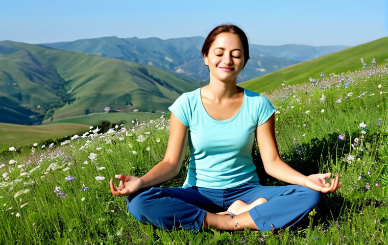 마인드풀니스와 부정적 사고 극복하기 - Mindful Woman in Nature**

A woman in comfortable, modest clothing sits cross-legged on a grassy hil...