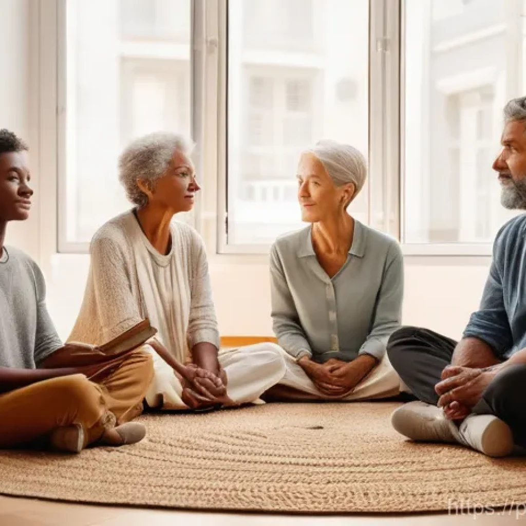 마인드풀니스 그룹 세션 진행하기 - **Prompt:** A diverse group of adults of varying ages, dressed in comfortable, modest clothing, are ...