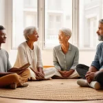 Home 12 마인드풀니스 그룹 세션 진행하기 - **Prompt:** A diverse group of adults of varying ages, dressed in comfortable, modest clothing, are ...