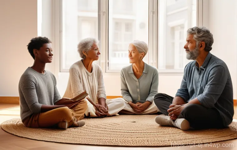 마인드풀니스 그룹 세션 진행하기 - **Prompt:** A diverse group of adults of varying ages, dressed in comfortable, modest clothing, are ...