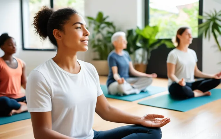 마인드풀니스 그룹 세션 진행하기 - **Prompt:** A diverse group of adults of varying ages, dressed in comfortable, modest clothing, are ... 마인드풀니스 그룹 세션 진행하기 - **Prompt:** A diverse group of adults of varying ages, dressed in comfortable, modest clothing, are ...