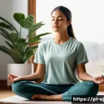 Home 14 마인드풀니스와 성공적인 목표 달성 - A serene home office scene showing a young adult practicing mindfulness meditation at dawn, sitting ...