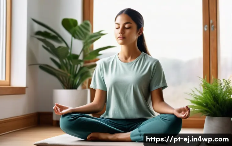 마인드풀니스와 성공적인 목표 달성 - A serene home office scene showing a young adult practicing mindfulness meditation at dawn, sitting ...