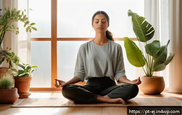 마인드풀니스와 인생의 목적 찾기 - A serene and cozy indoor scene featuring a young adult woman practicing mindfulness meditation in a ...
