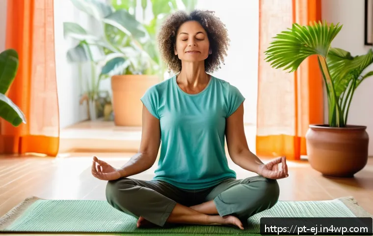 마인드풀니스와 자아 성장의 과정 - A serene middle-aged Brazilian woman practicing mindfulness meditation in a bright, cozy living room...