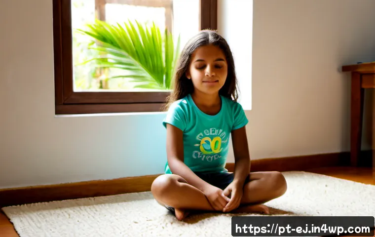어린이와 청소년을 위한 마인드풀니스 - Photorealistic mindful moment for children: a Brazilian child around 9 years old seated cross-legged...
